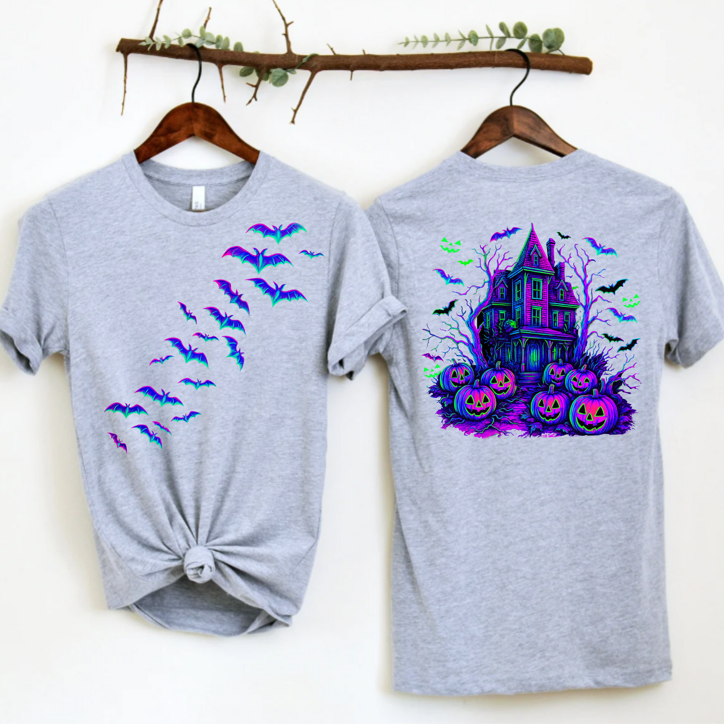 Neon front and back Halloween scene png