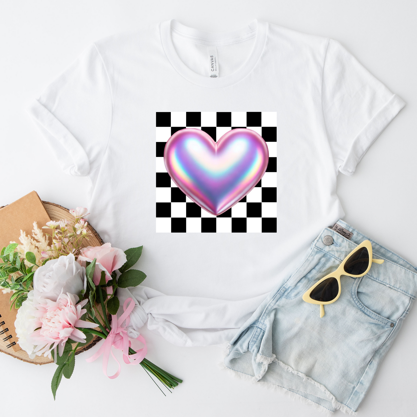 Black and white checkerboard with iridescent pink heart Valentine's Day png