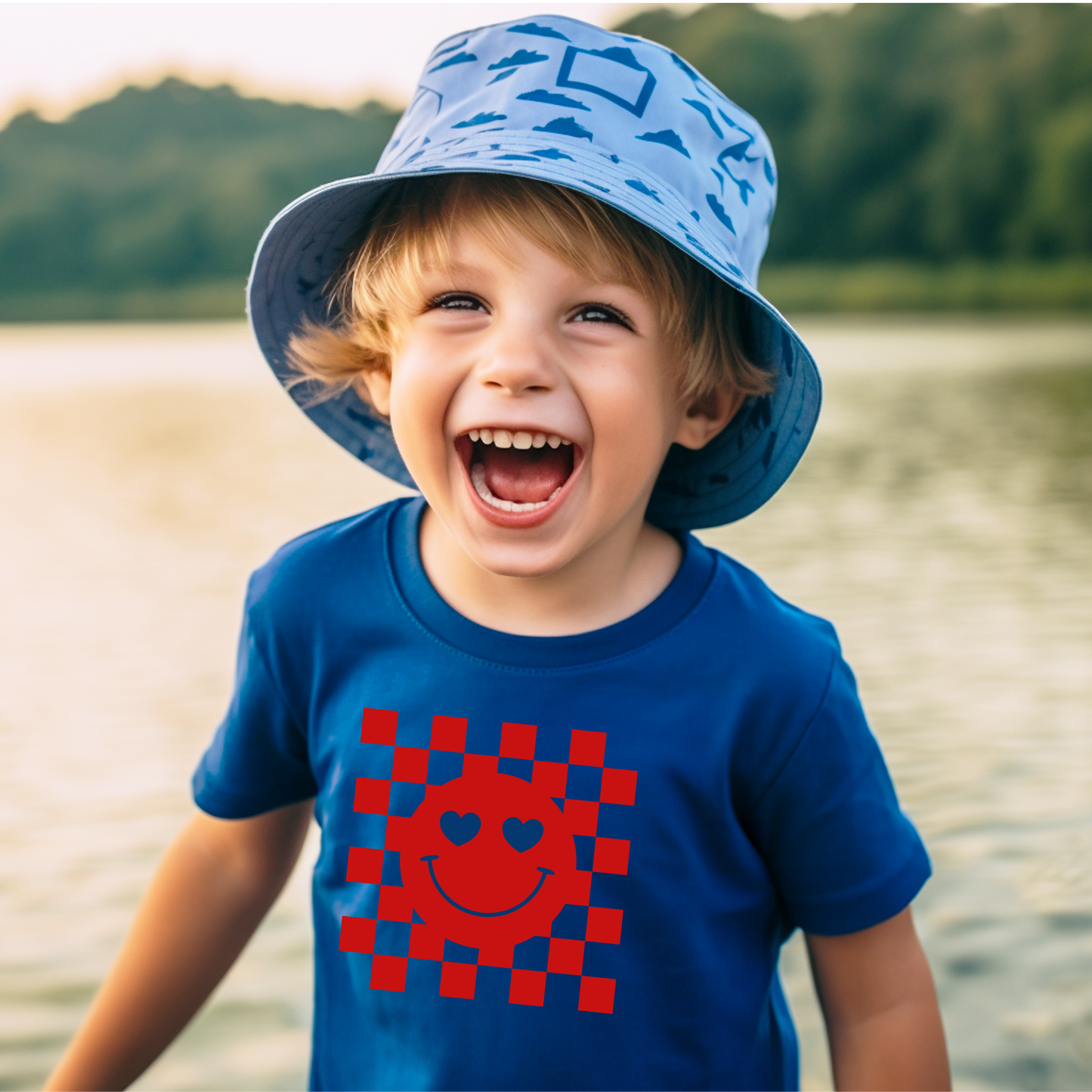Toddler Tee - Checkerboard Smiley Face with Heart Eyes Design