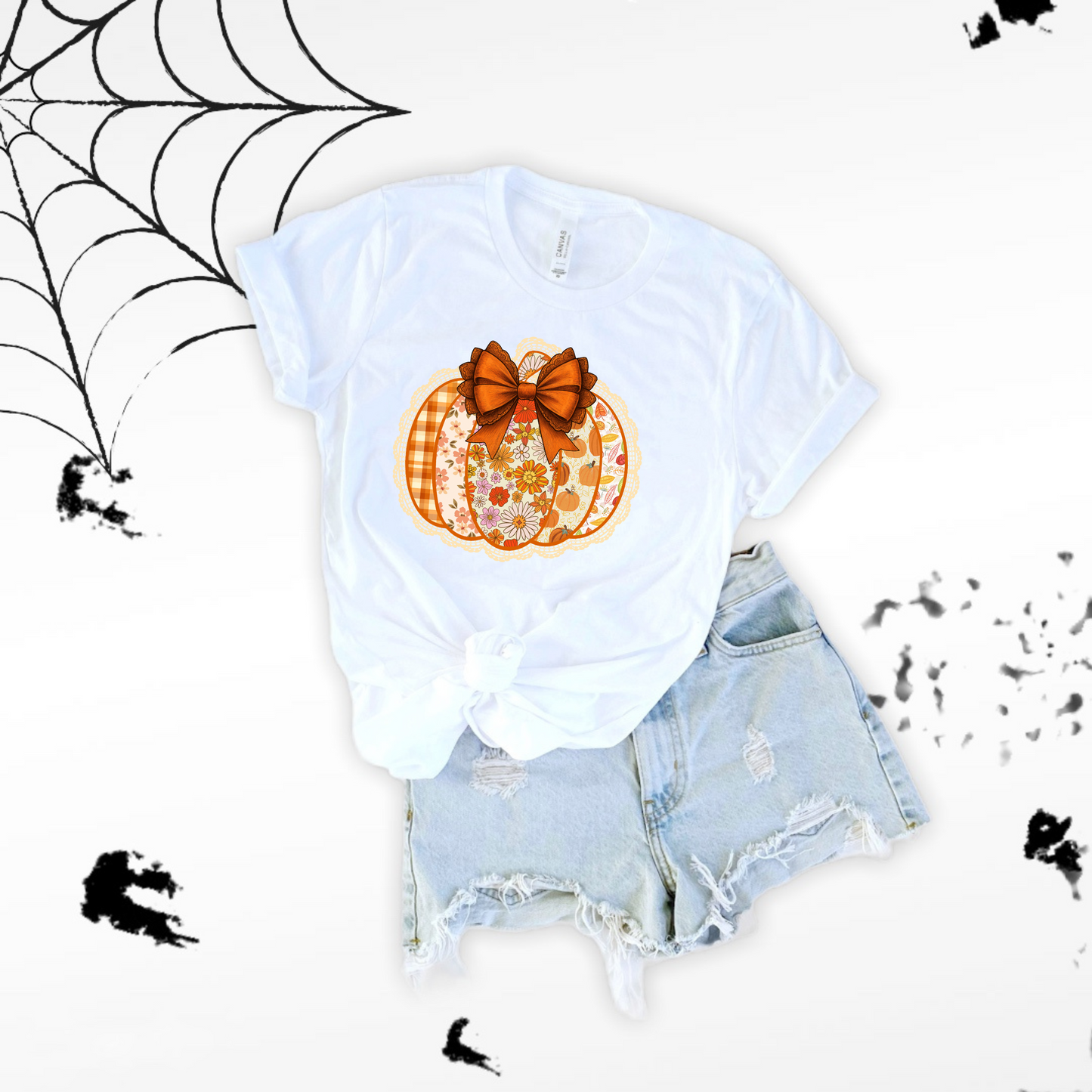 Floral Pumpkin T-Shirt with Coquette Bow