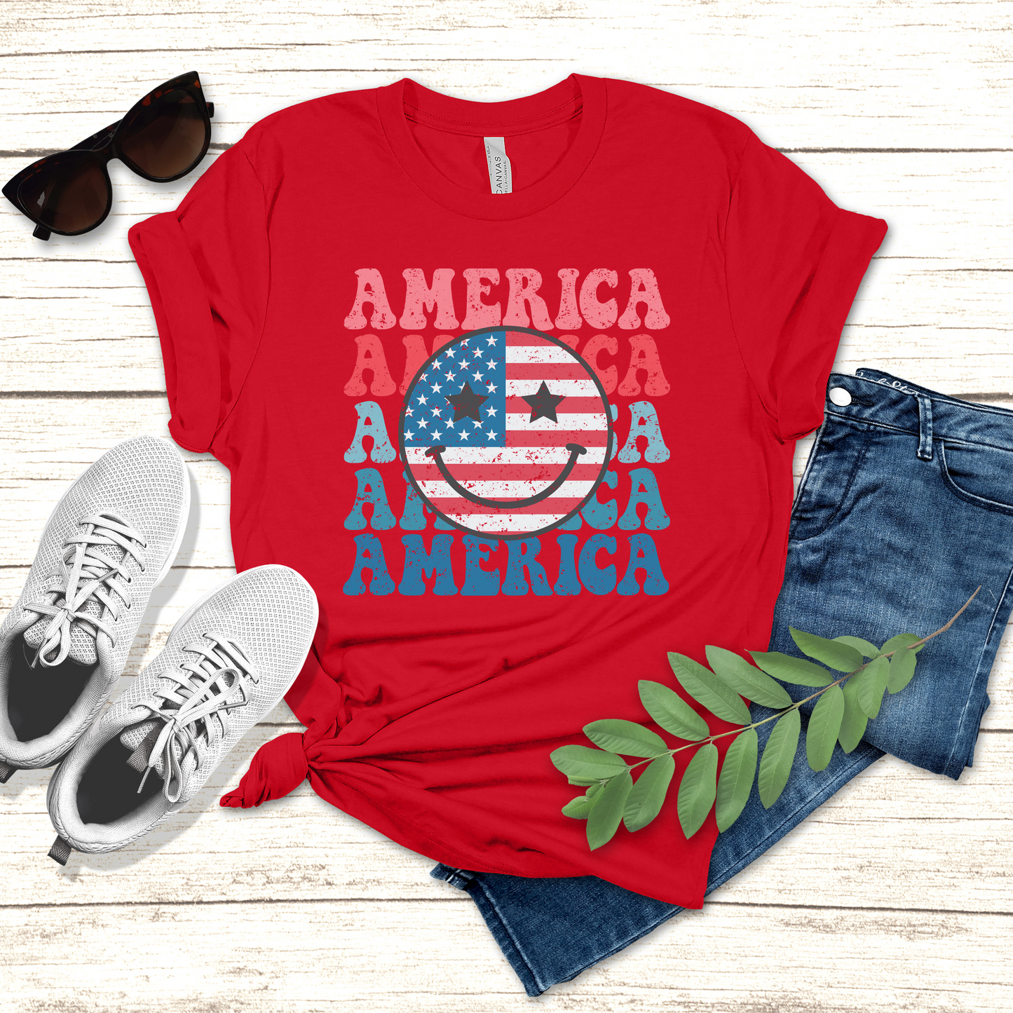 T-Shirt 'America' with Smiley Face Flag Unisex Tee
