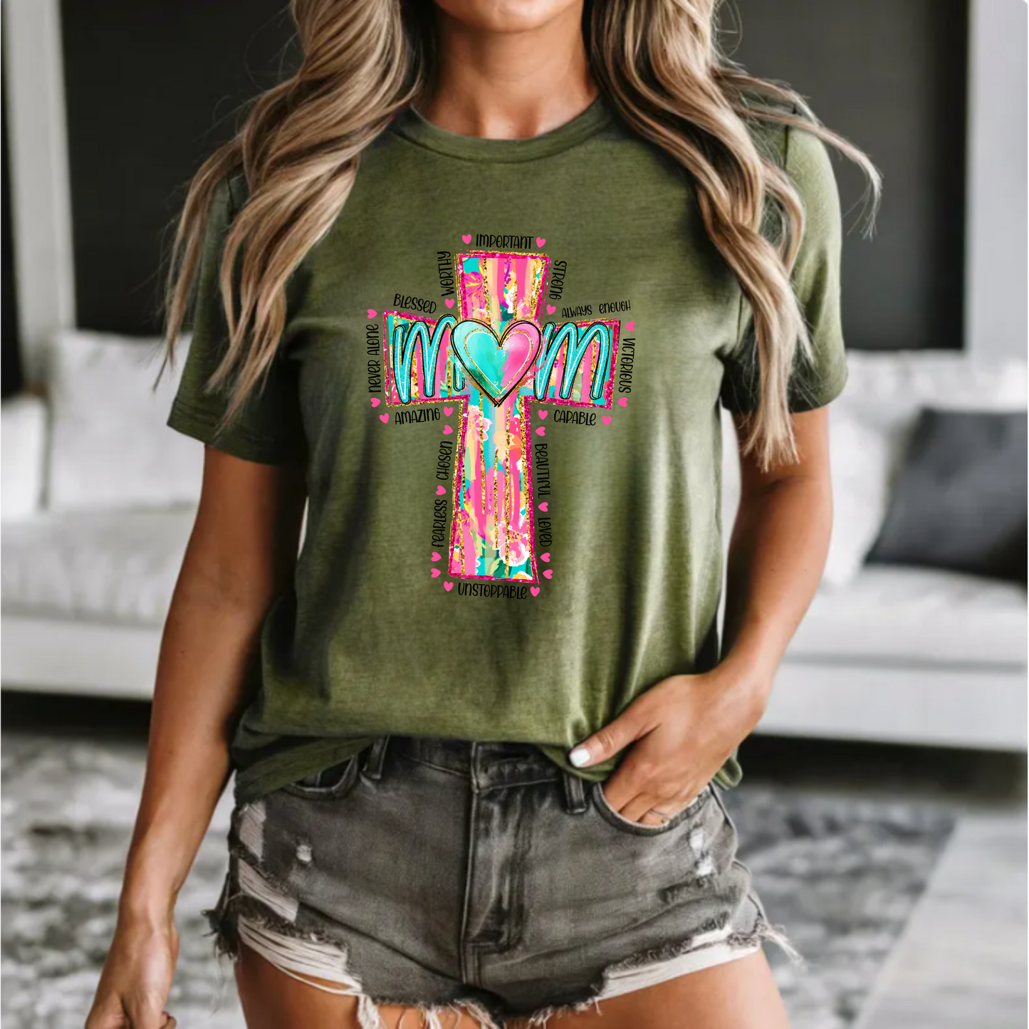 Christian Mom Unisex Tee with Neon Cross Design
