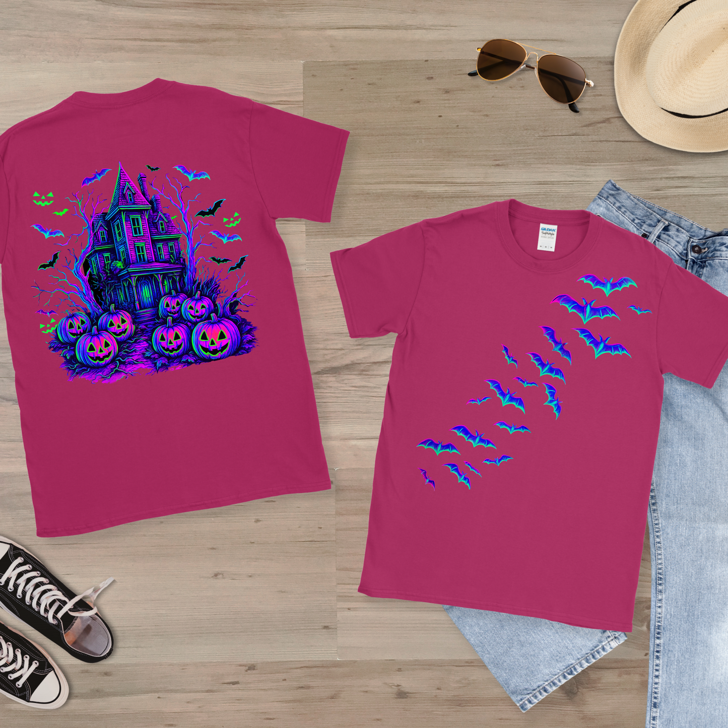 Neon front and back Halloween scene png