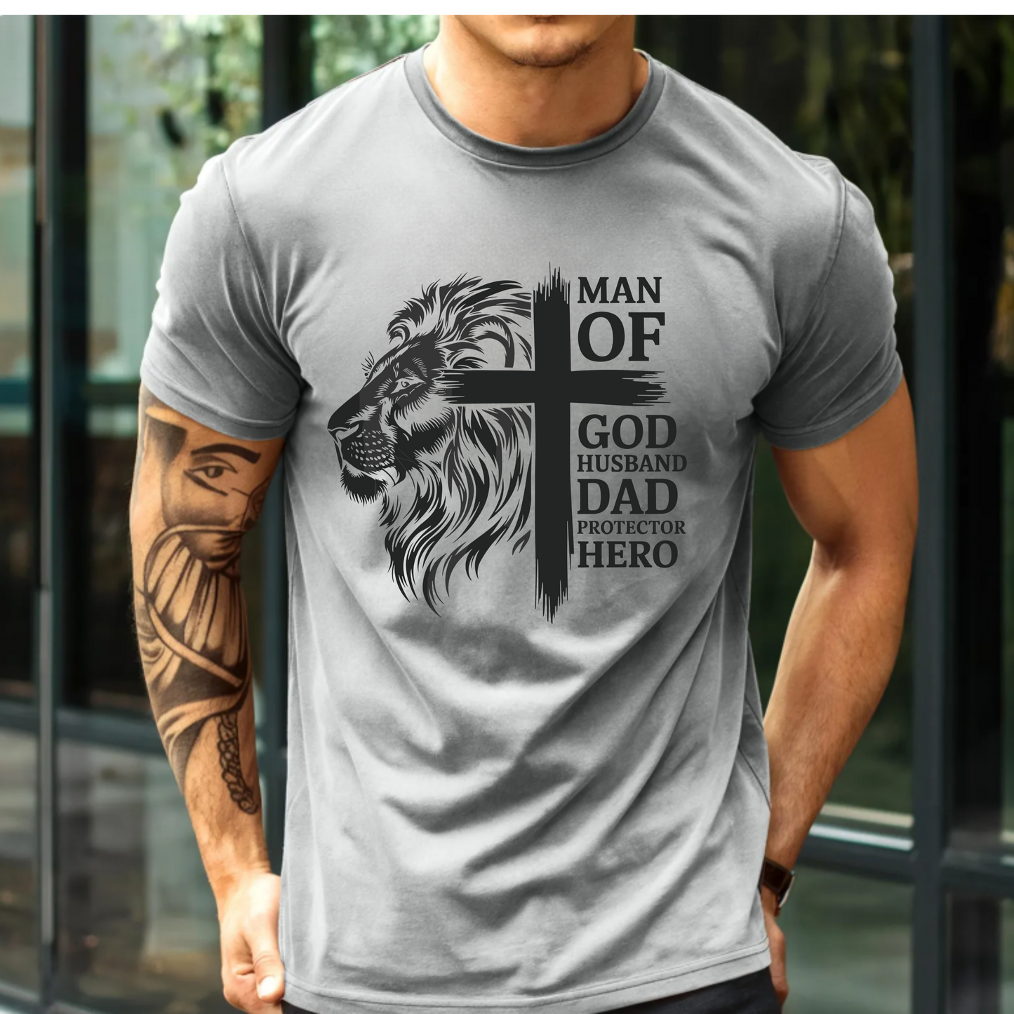 Men's Faith & Family Graphic Tee - 'Man of God, Husband, Dad, Protector, Hero'