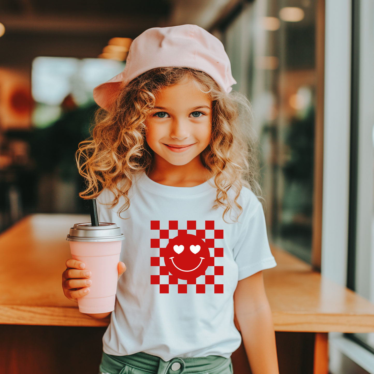 Toddler Tee - Checkerboard Smiley Face with Heart Eyes Design
