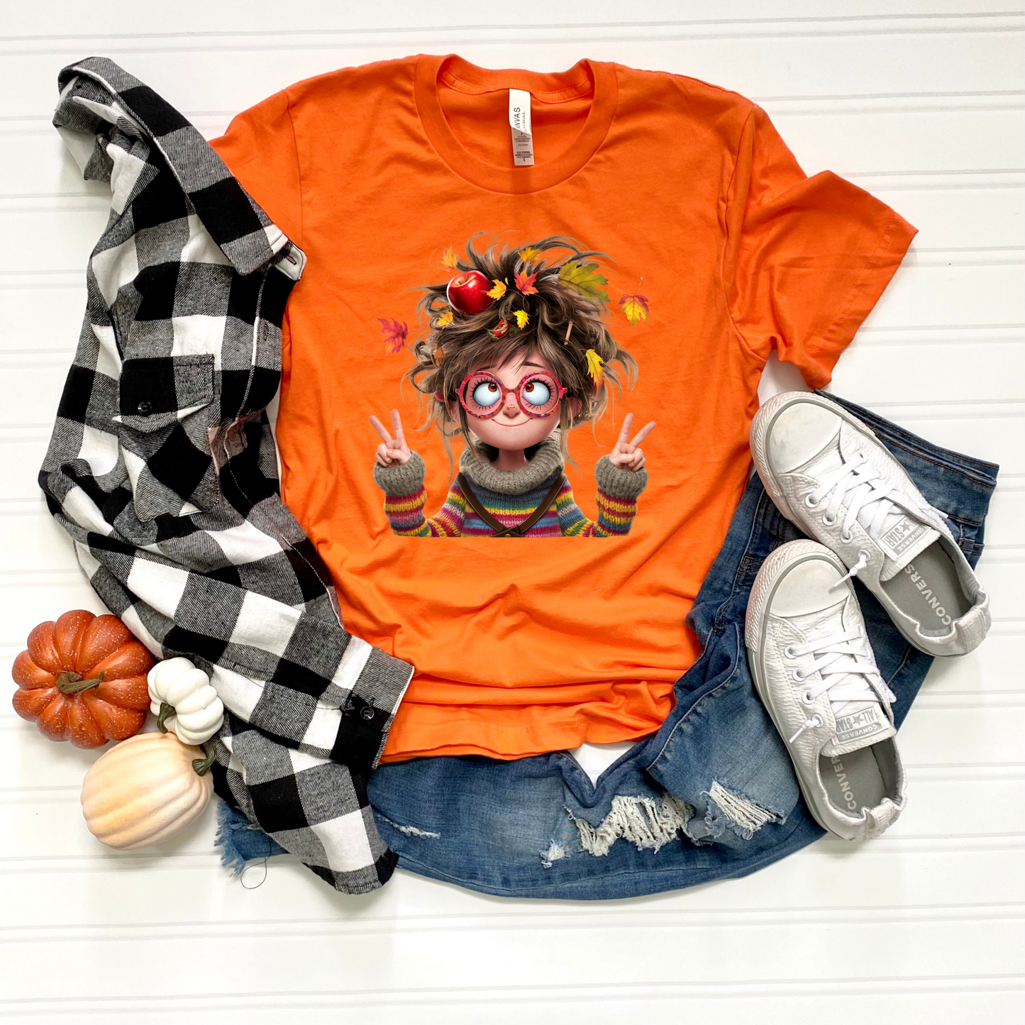 Fall Lady Softstyle T-Shirt with Crazy Hair, Leaves, and Apples