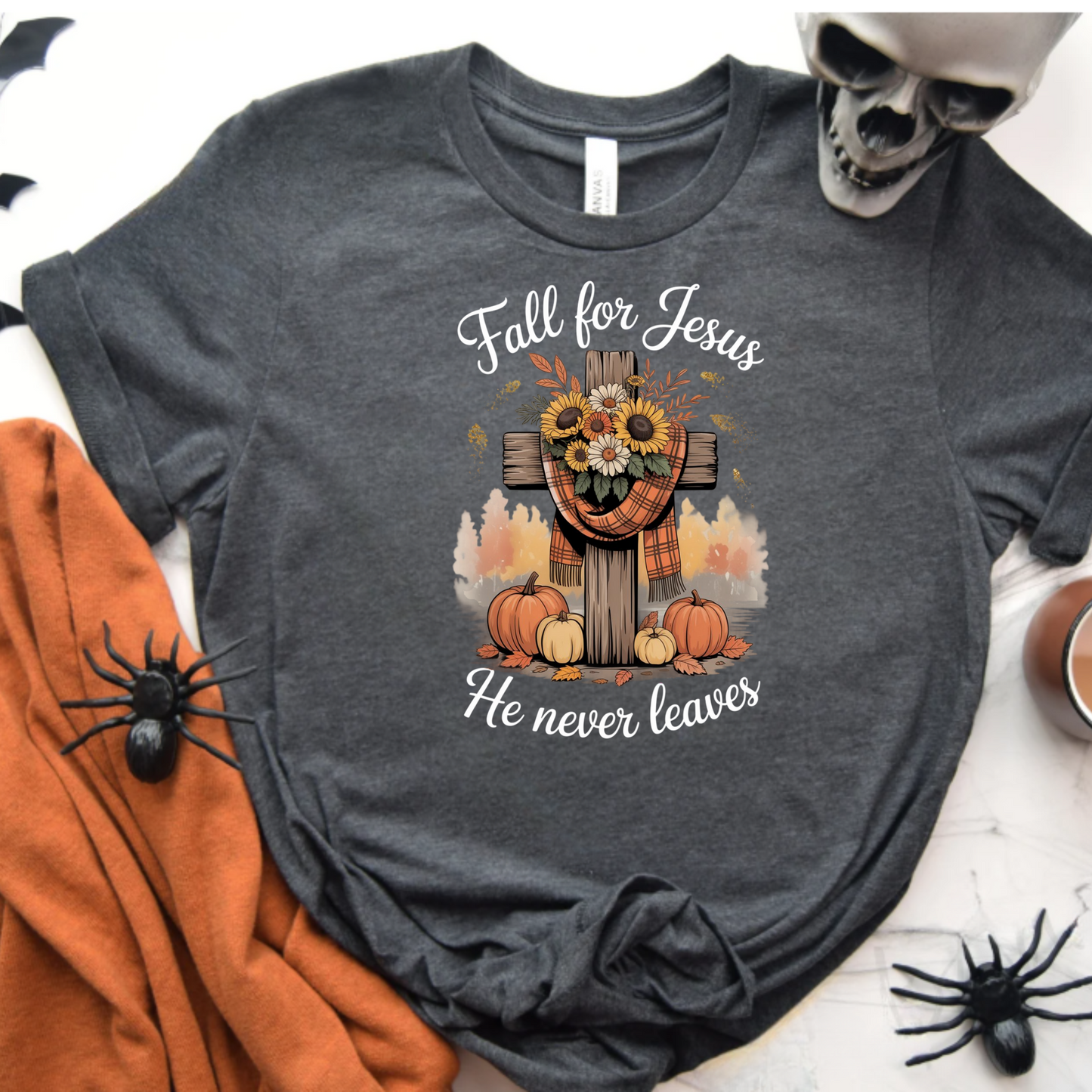 Christian Fall Unisex T-Shirt - 'Fall for Jesus he never leaves'