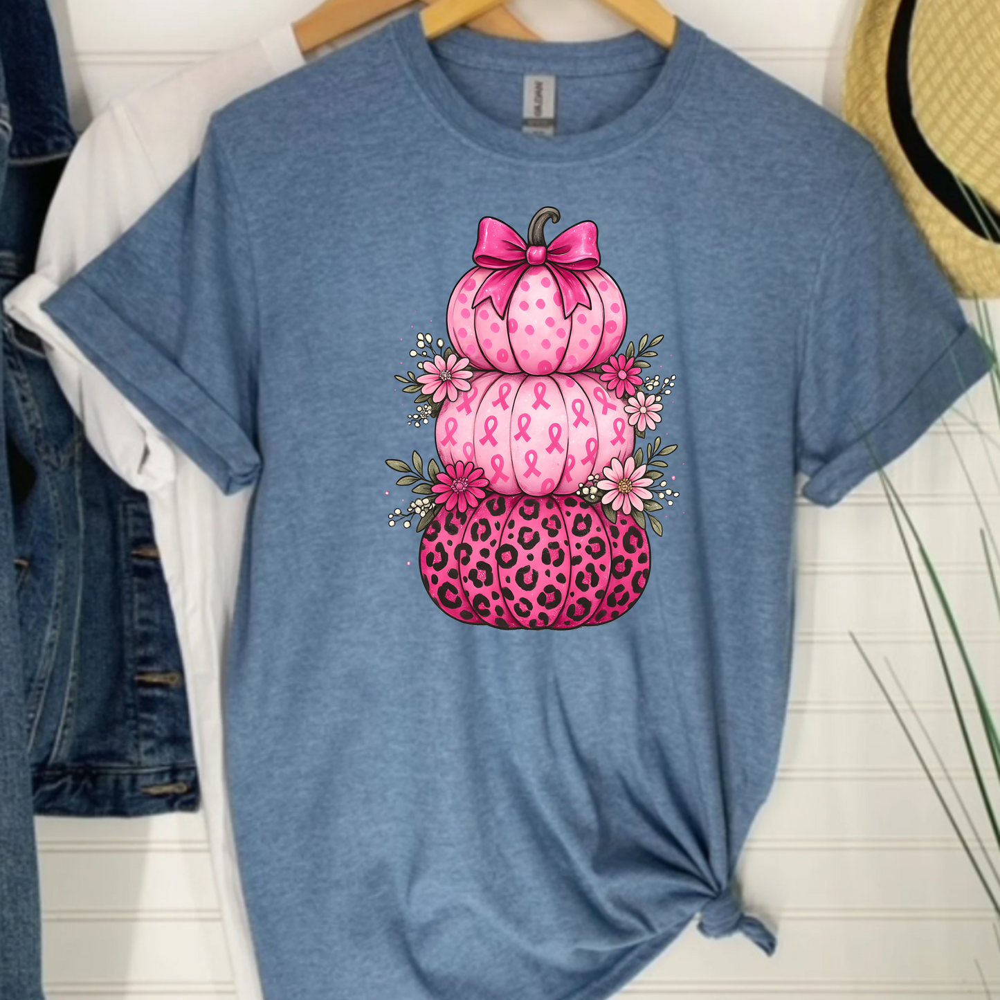 Unisex T-Shirt Pink Ribbon Stacked Pumpkins Halloween Fall