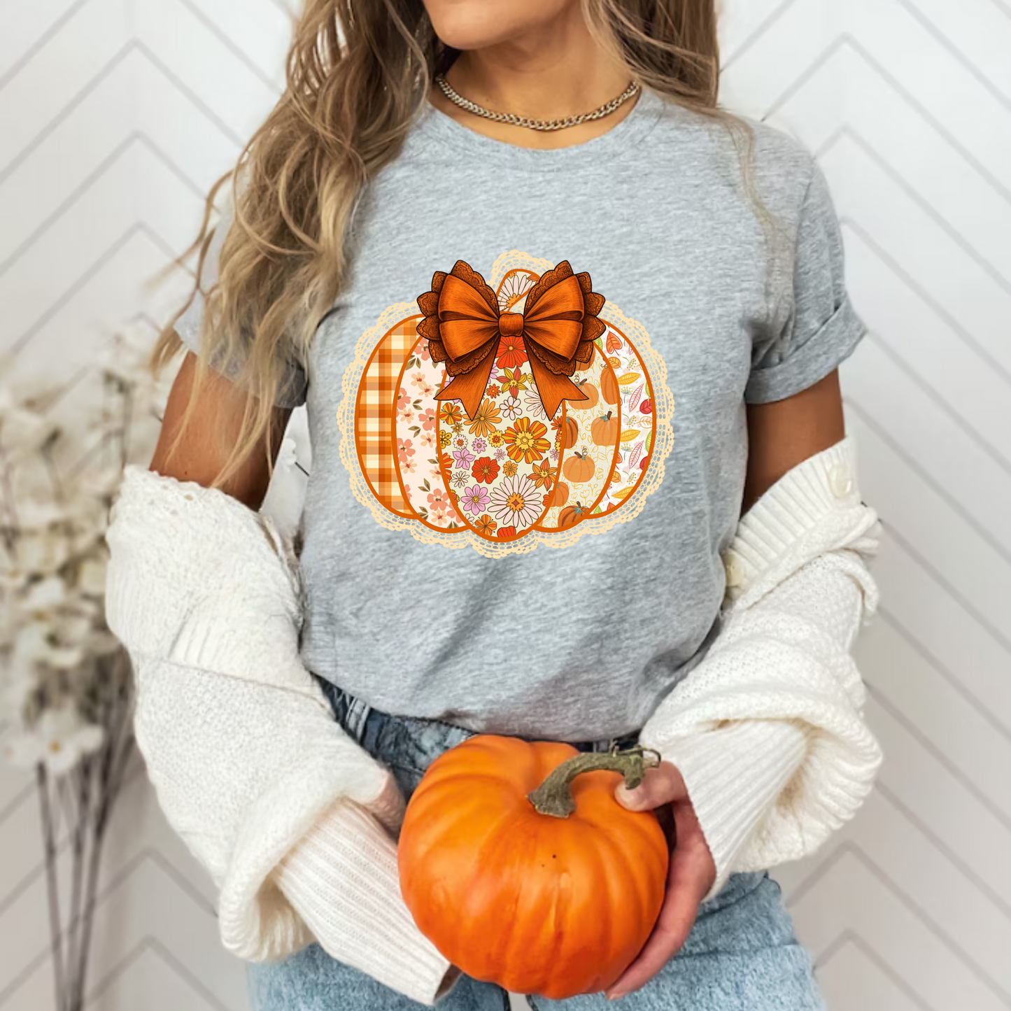 Floral Pumpkin T-Shirt with Coquette Bow