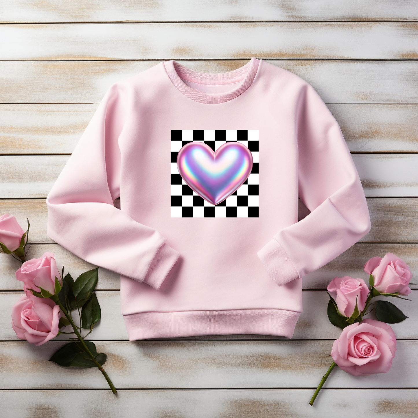 Black and white checkerboard with iridescent pink heart Valentine's Day png