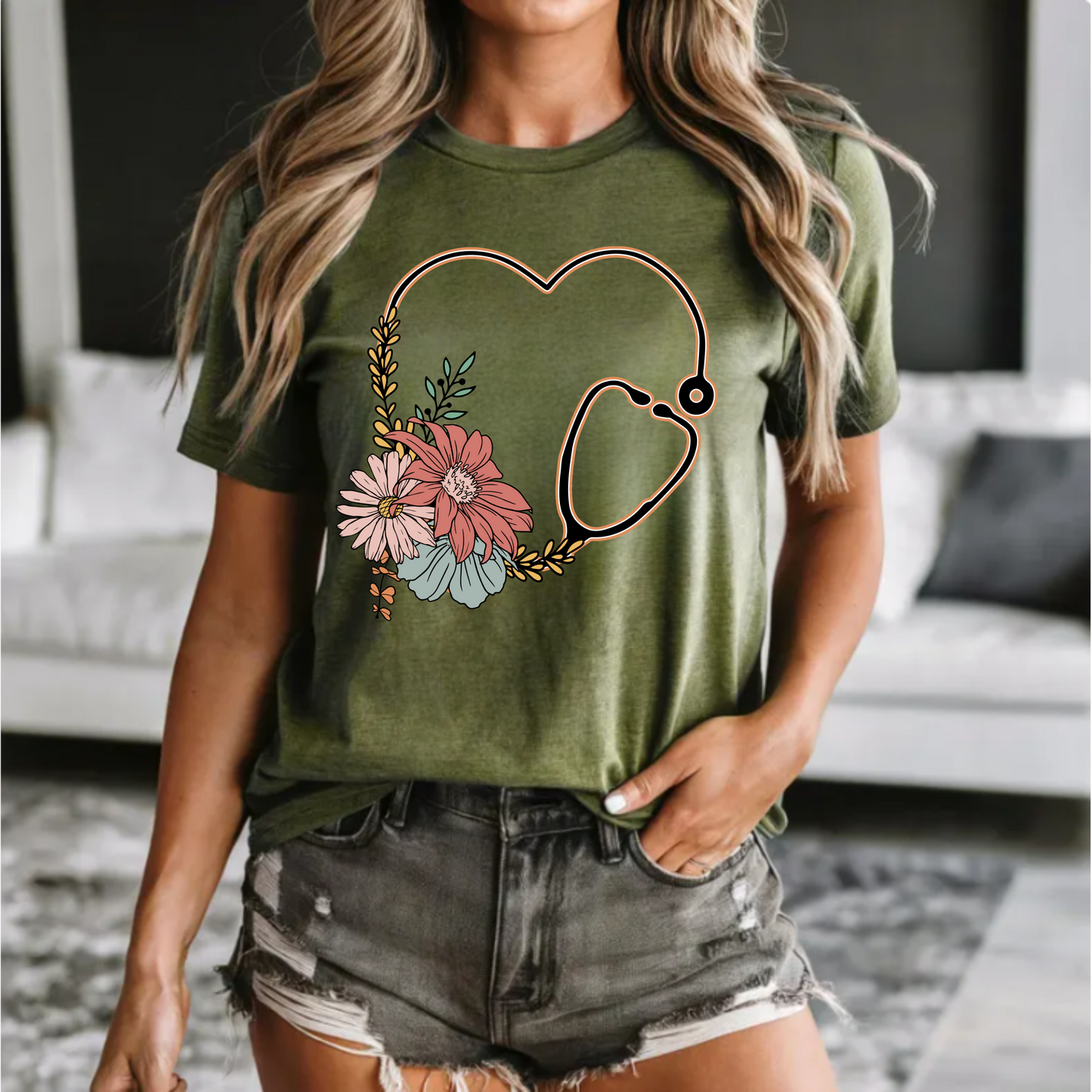 Floral Nursing Stethoscope Tee