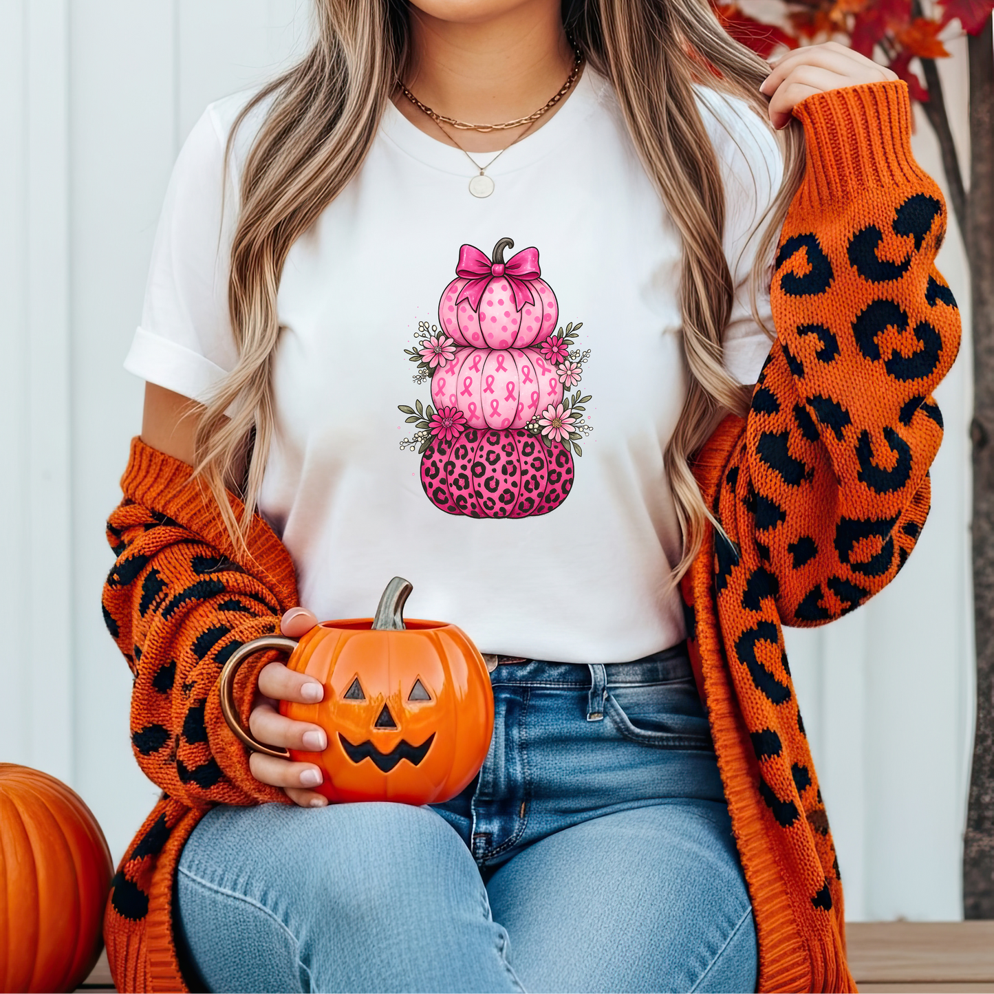 Unisex T-Shirt Pink Ribbon Stacked Pumpkins Halloween Fall
