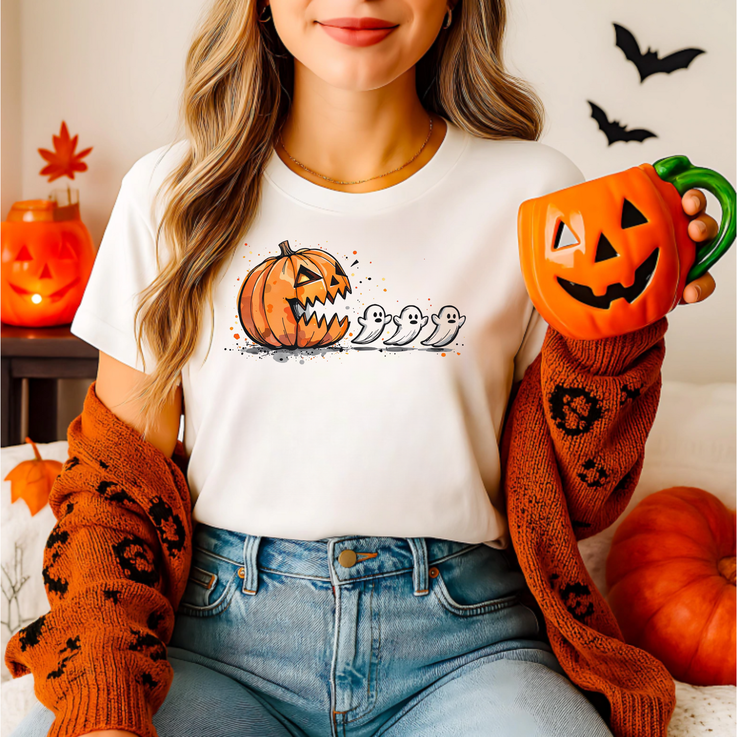 Halloween Pumpkin T-Shirt, Unisex Graphic Tee, Fall Fashion, Spooky Season Shirt, Ghost Design, Casual Wear