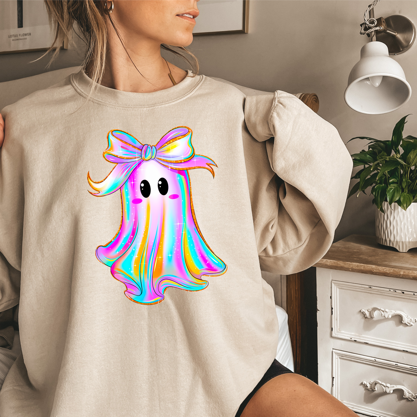 Iridescent Ghost with Bow Crewneck Sweatshirt