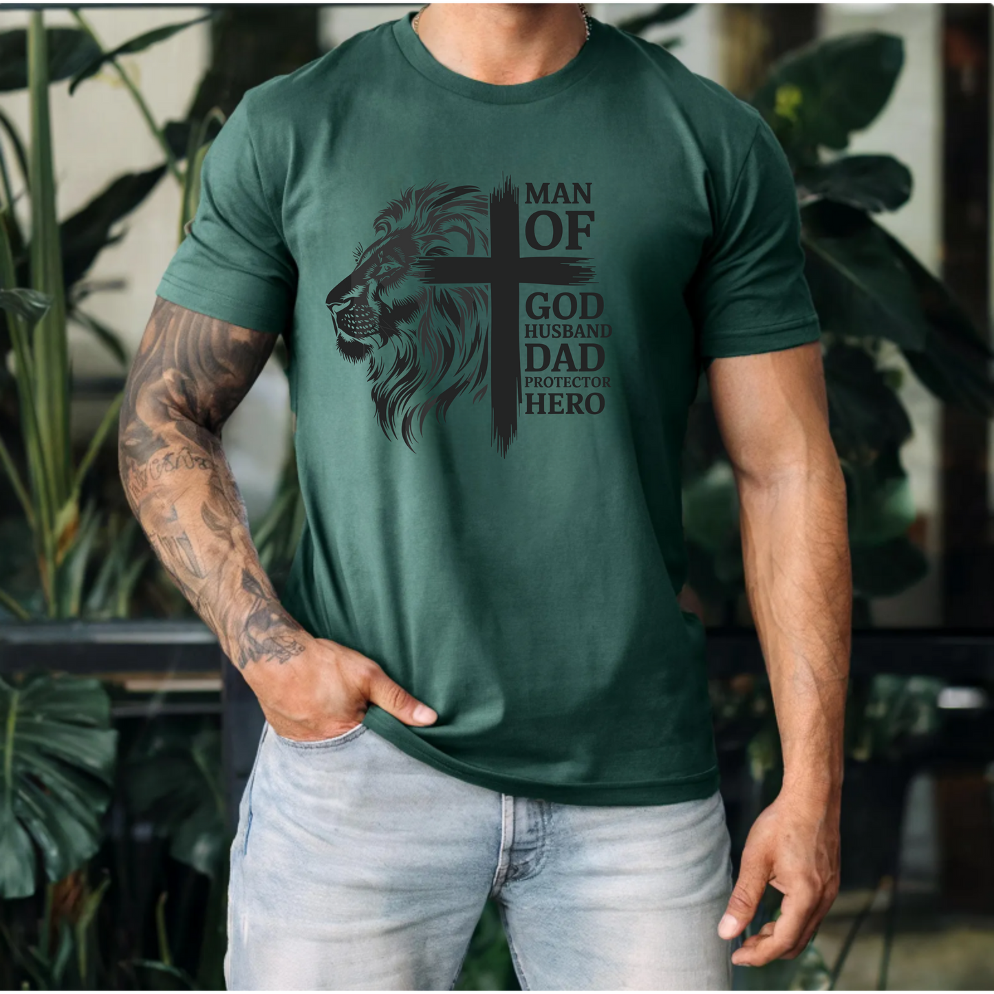 Men's Faith & Family Graphic Tee - 'Man of God, Husband, Dad, Protector, Hero'
