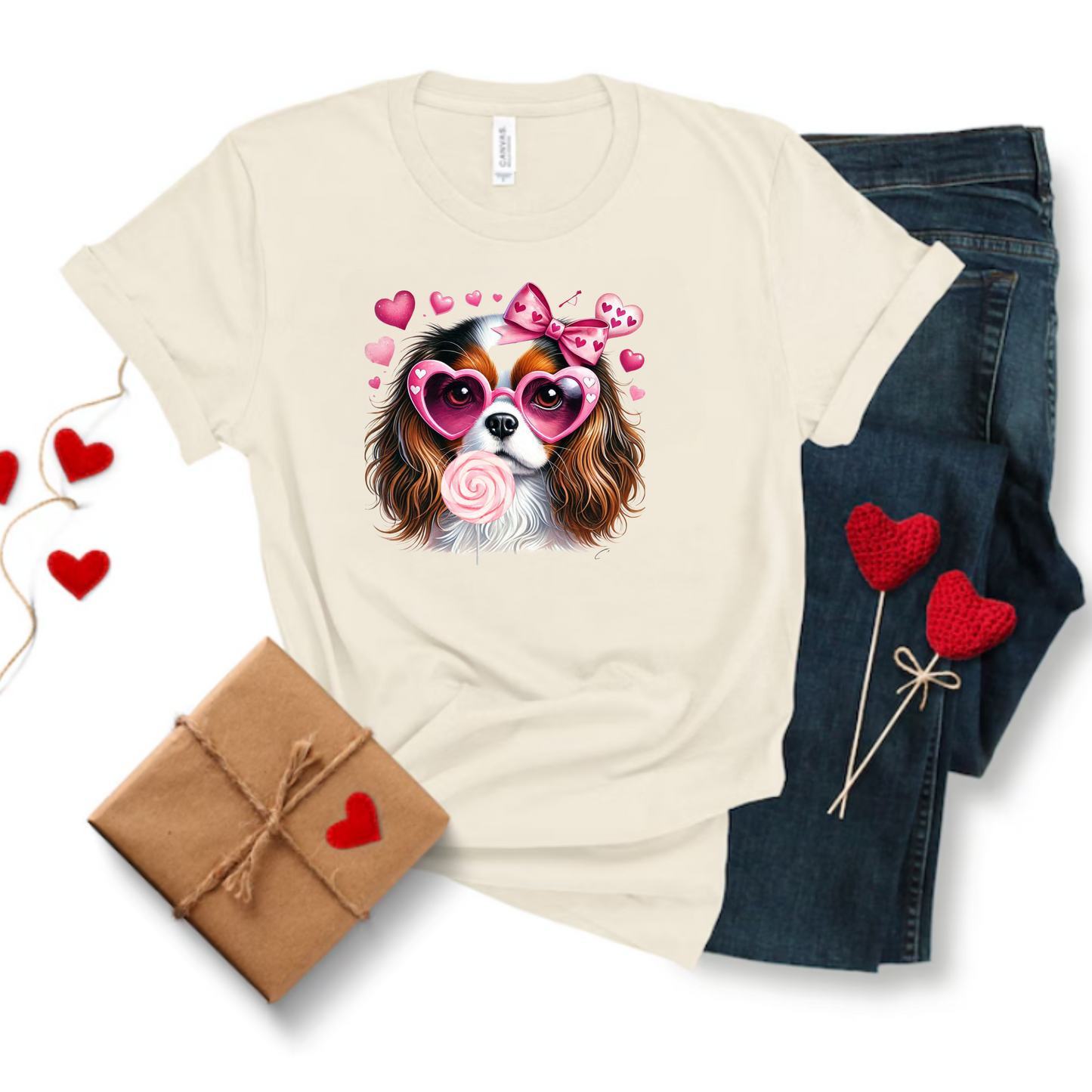 Valentines Day Tee with Dog and Heart Sunglasses