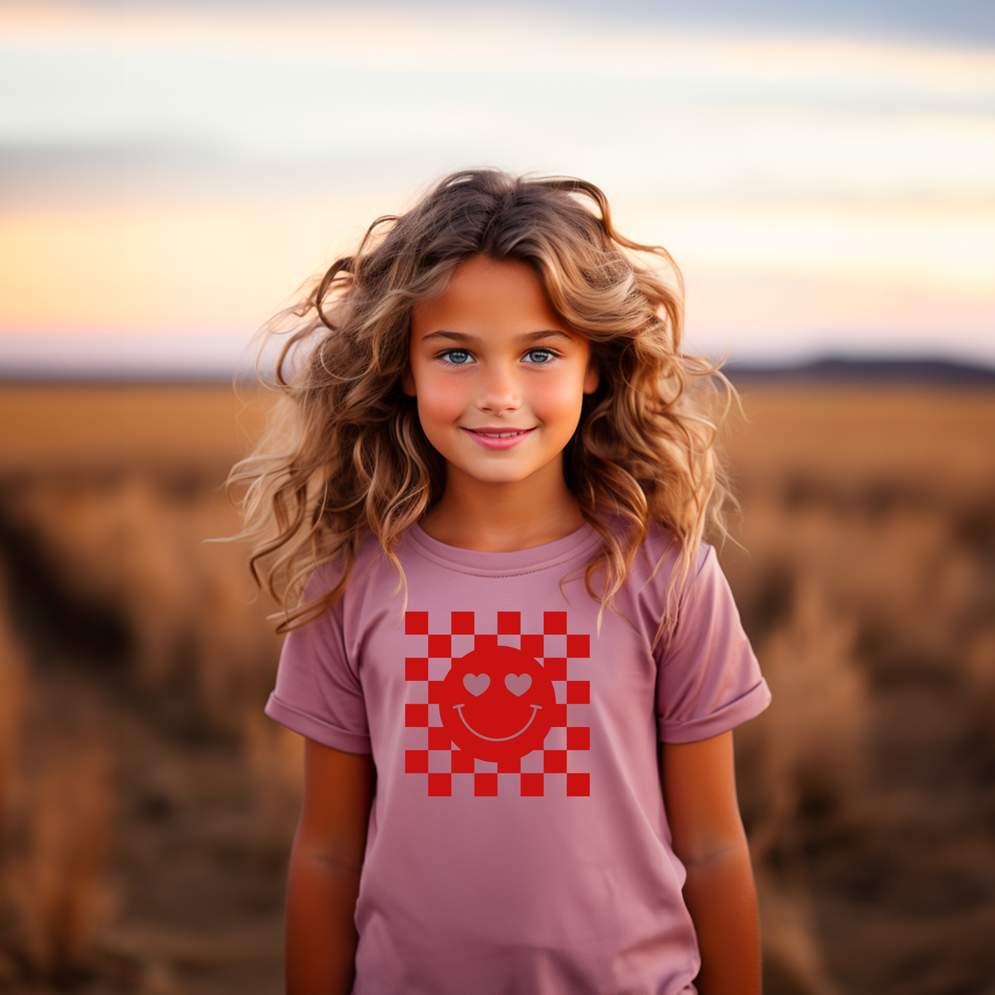 Toddler Tee - Checkerboard Smiley Face with Heart Eyes Design