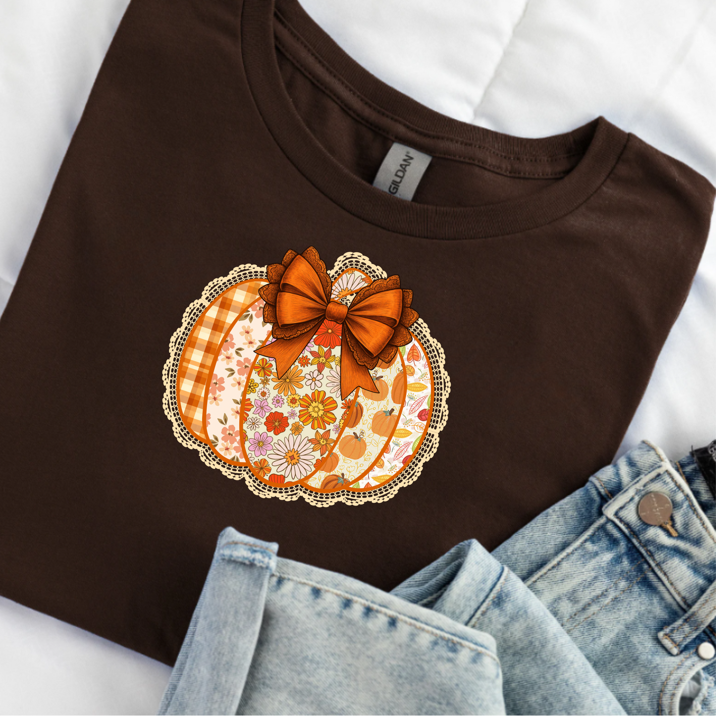 Floral Pumpkin T-Shirt with Coquette Bow