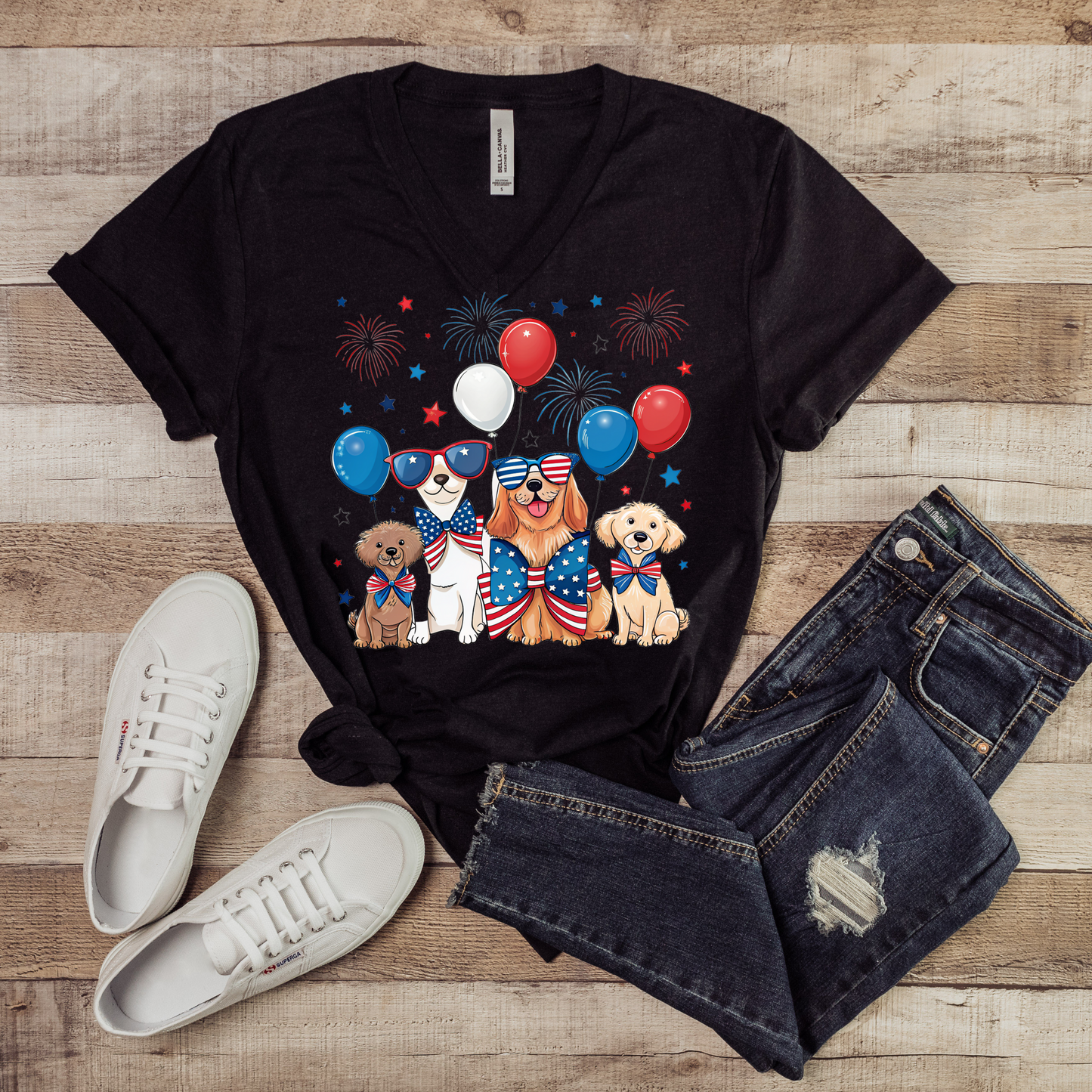 V-Neck Tee Patriotic Dogs