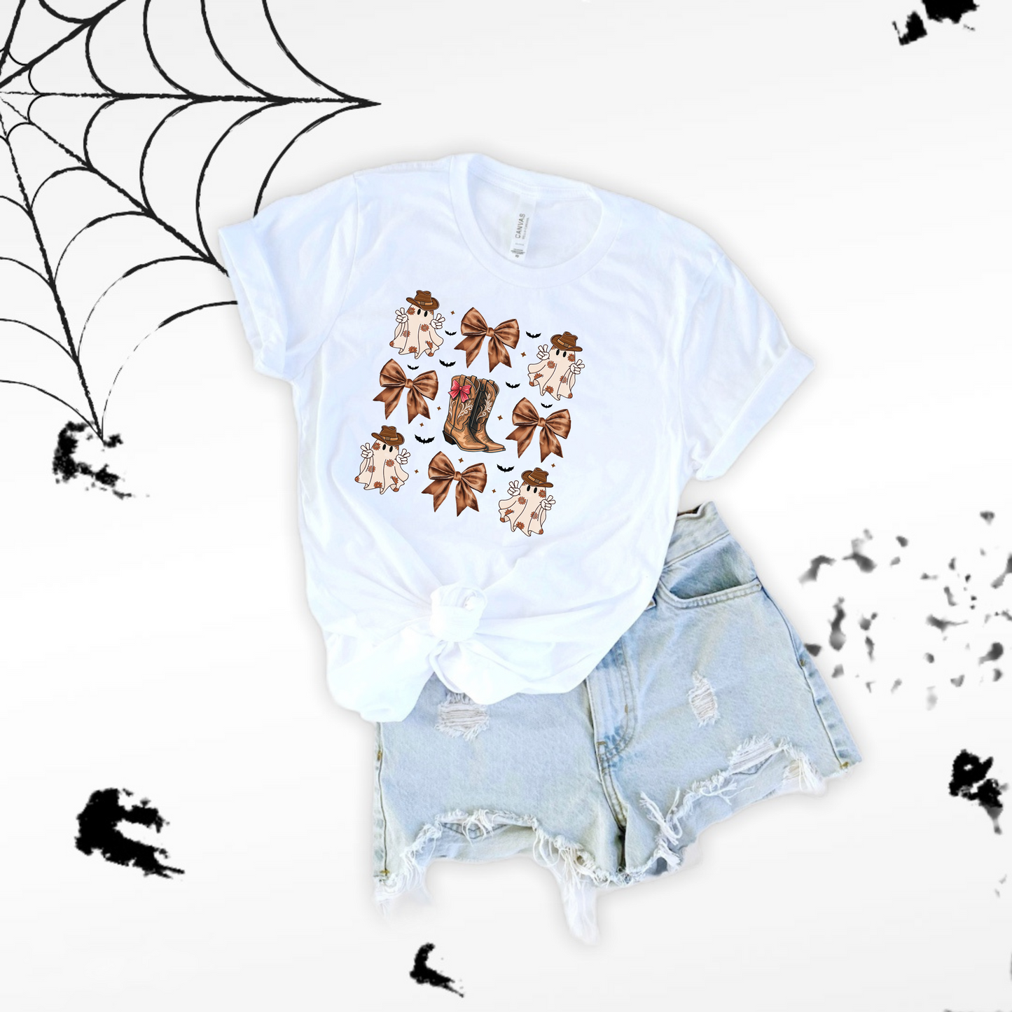Cowboy Halloween Unisex T-Shirt with Coquette Bows and Cowboy Boots