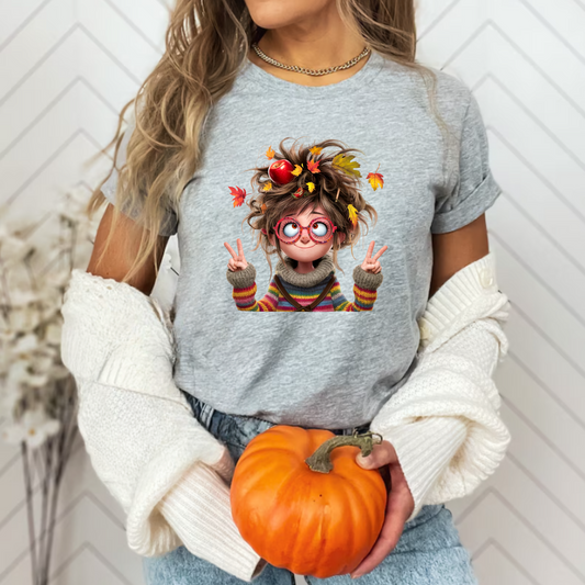 Fall Lady Softstyle T-Shirt with Crazy Hair, Leaves, and Apples
