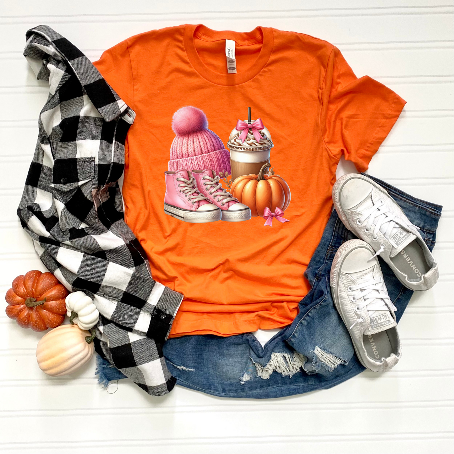 Pink Autumn Unisex T-Shirt - Pink Beanie, Pink Boots, coffee and Pumpkin Design