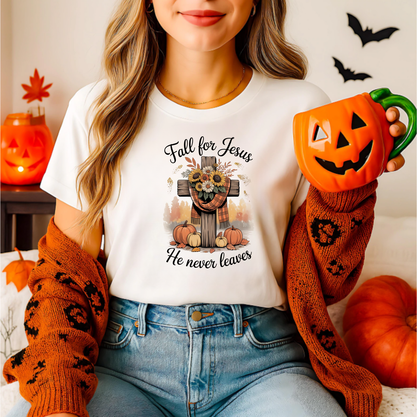 Christian Fall Unisex T-Shirt - 'Fall for Jesus he never leaves'
