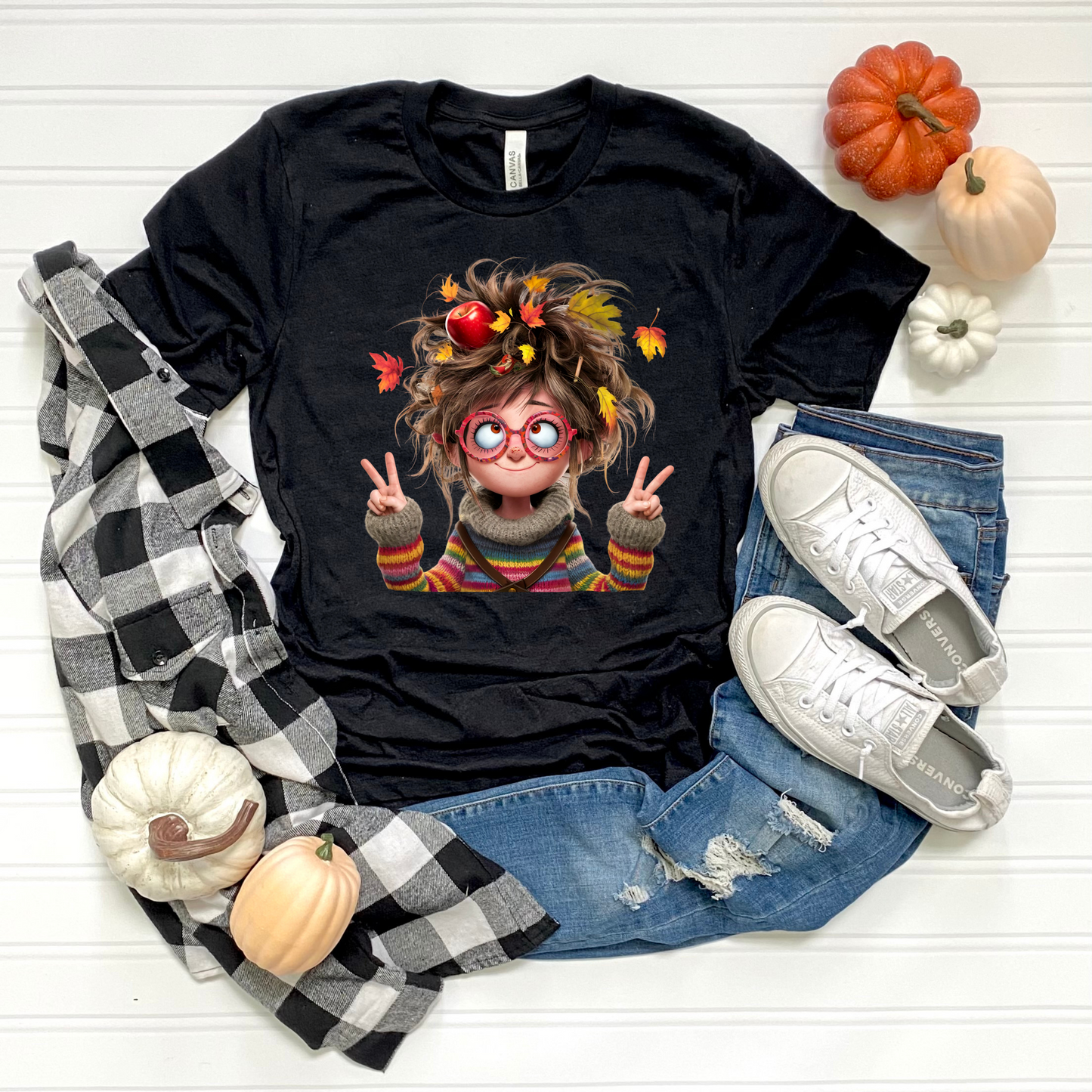 Fall Lady Softstyle T-Shirt with Crazy Hair, Leaves, and Apples