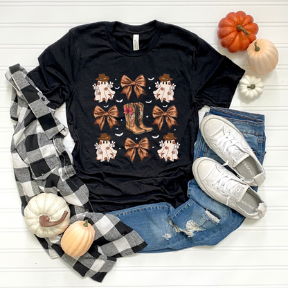 Cowboy Halloween Unisex T-Shirt with Coquette Bows and Cowboy Boots