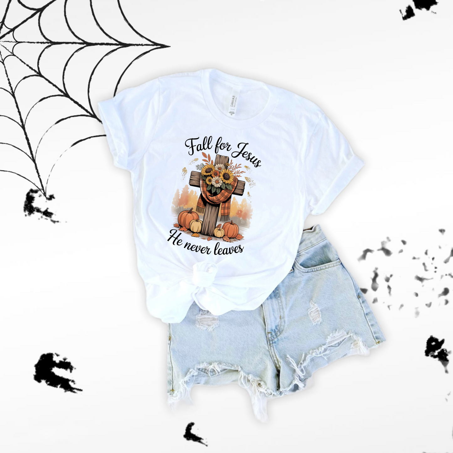 Christian Fall Unisex T-Shirt - 'Fall for Jesus he never leaves'