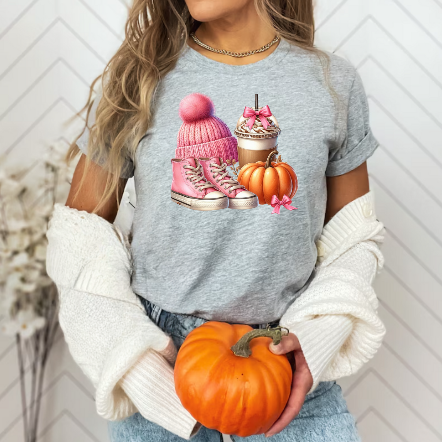 Pink Autumn Unisex T-Shirt - Pink Beanie, Pink Boots, coffee and Pumpkin Design