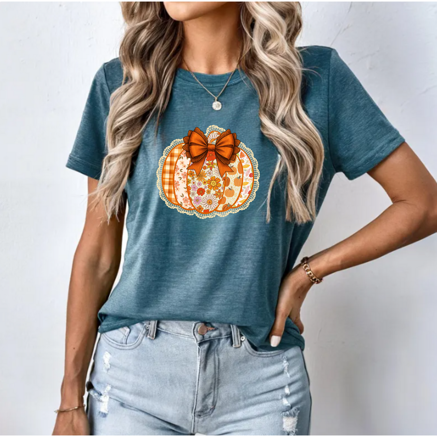 Floral Pumpkin T-Shirt with Coquette Bow