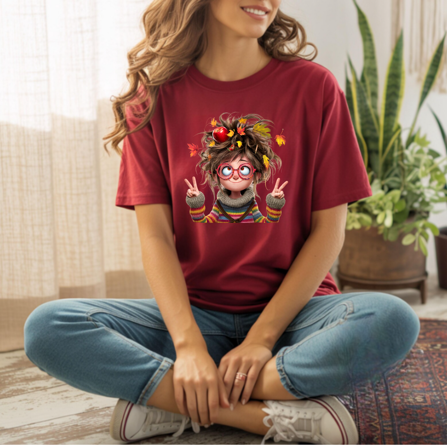 Fall Lady Softstyle T-Shirt with Crazy Hair, Leaves, and Apples