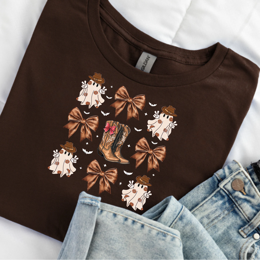 Cowboy Halloween Unisex T-Shirt with Coquette Bows and Cowboy Boots