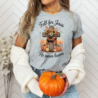 Christian Fall Unisex T-Shirt - 'Fall for Jesus he never leaves'