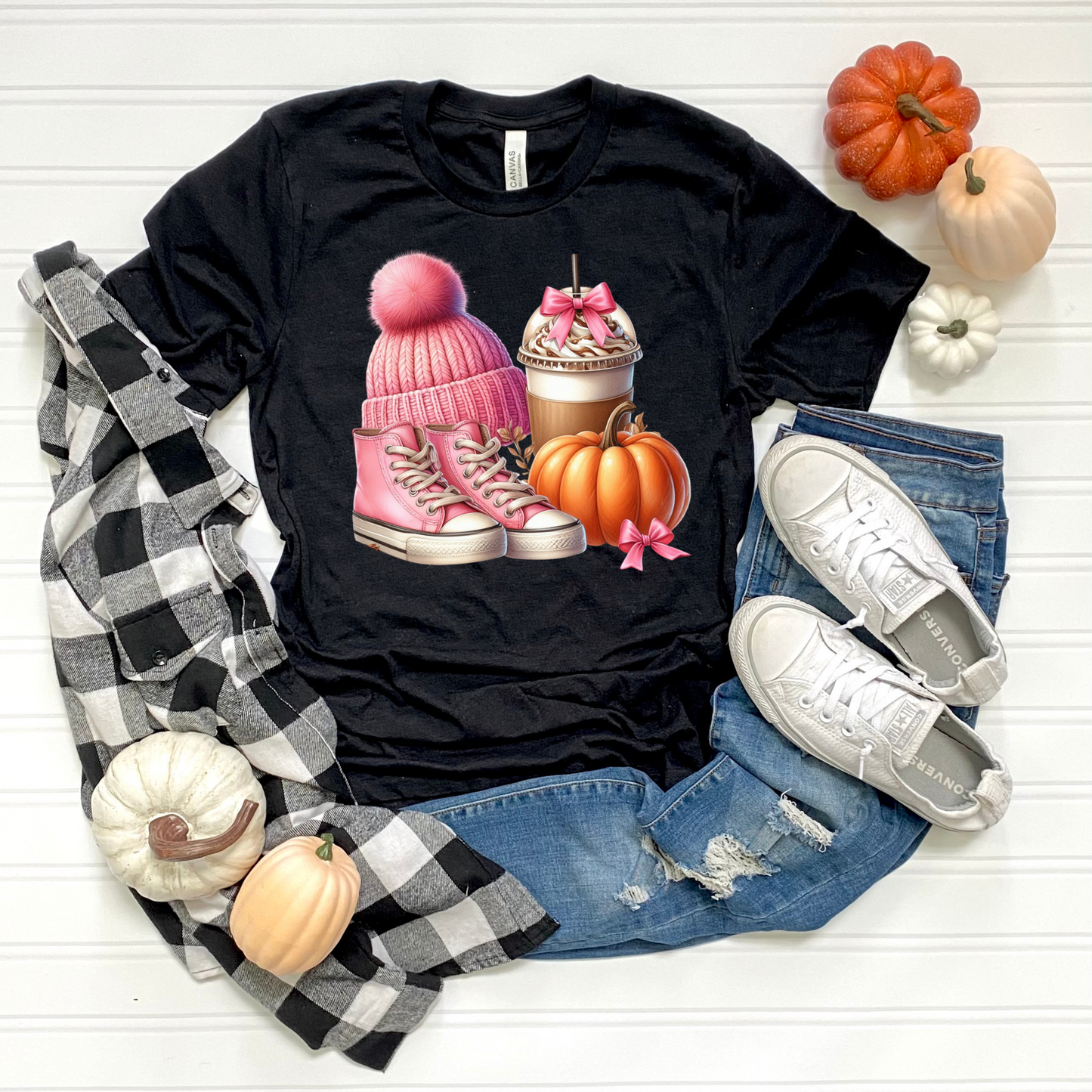 Pink Autumn Unisex T-Shirt - Pink Beanie, Pink Boots, coffee and Pumpkin Design