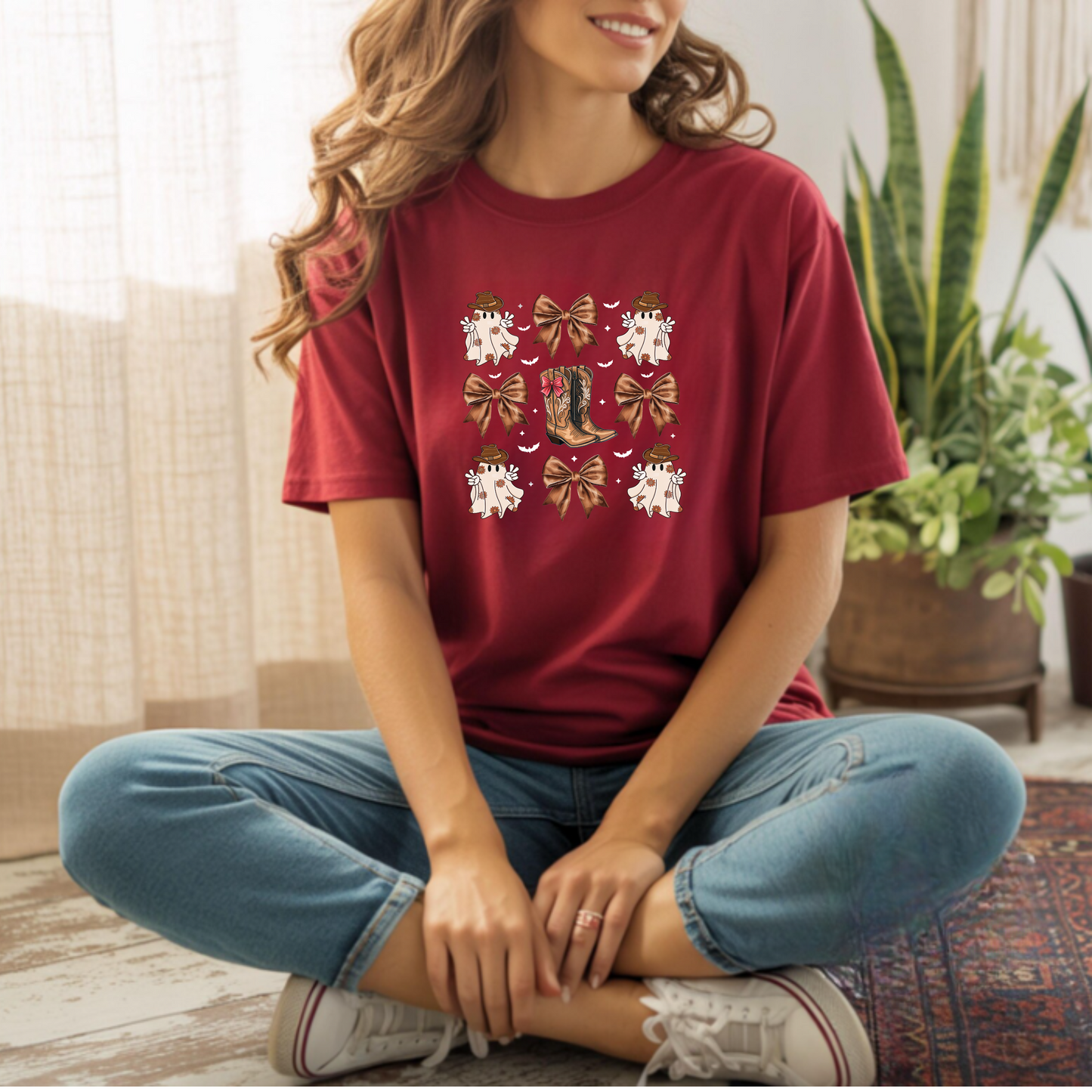 Cowboy Halloween Unisex T-Shirt with Coquette Bows and Cowboy Boots