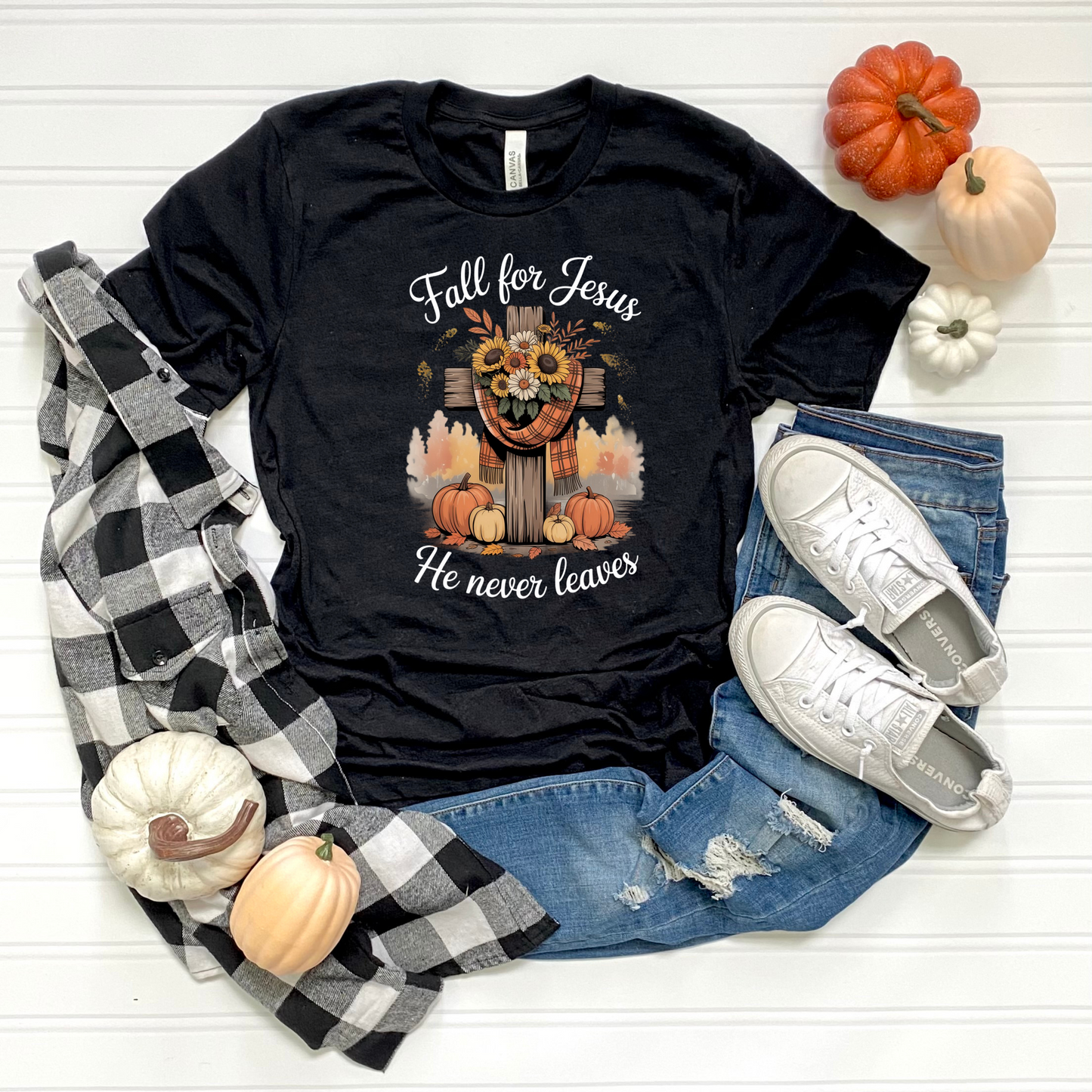 Christian Fall Unisex T-Shirt - 'Fall for Jesus he never leaves'