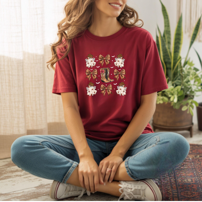 Cowboy Halloween Unisex T-Shirt with Coquette Bows and Cowboy Boots