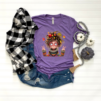 Fall Lady Softstyle T-Shirt with Crazy Hair, Leaves, and Apples