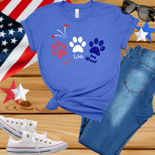 Dog Lover Unisex Tee - 'Red White and Woof' with Paw Prints