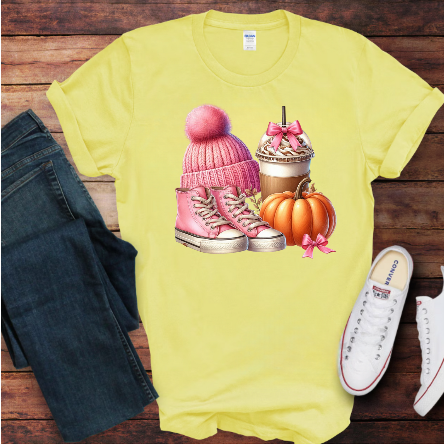 Pink Autumn Unisex T-Shirt - Pink Beanie, Pink Boots, coffee and Pumpkin Design