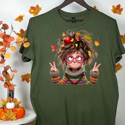 Fall Lady Softstyle T-Shirt with Crazy Hair, Leaves, and Apples