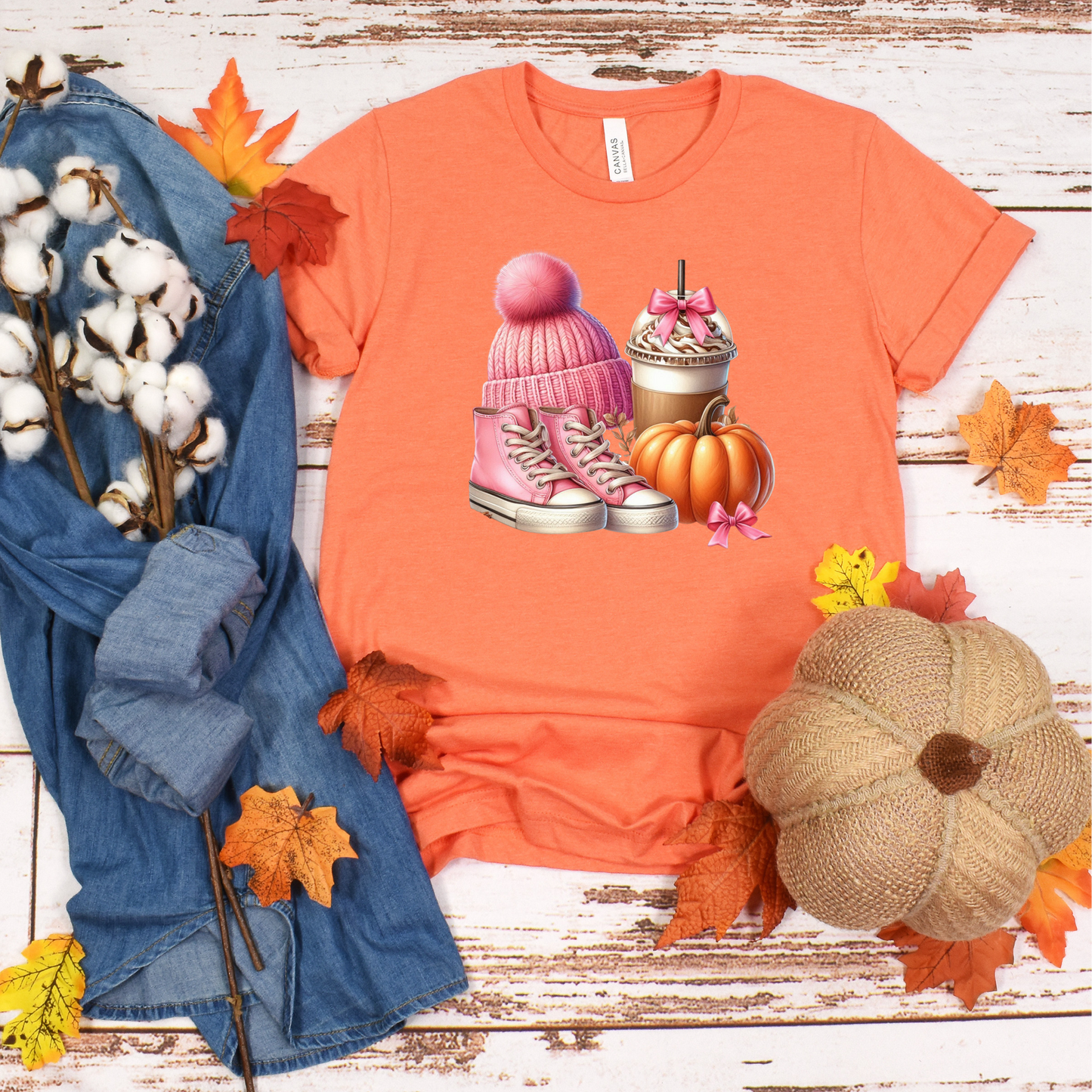 Pink Autumn Unisex T-Shirt - Pink Beanie, Pink Boots, coffee and Pumpkin Design