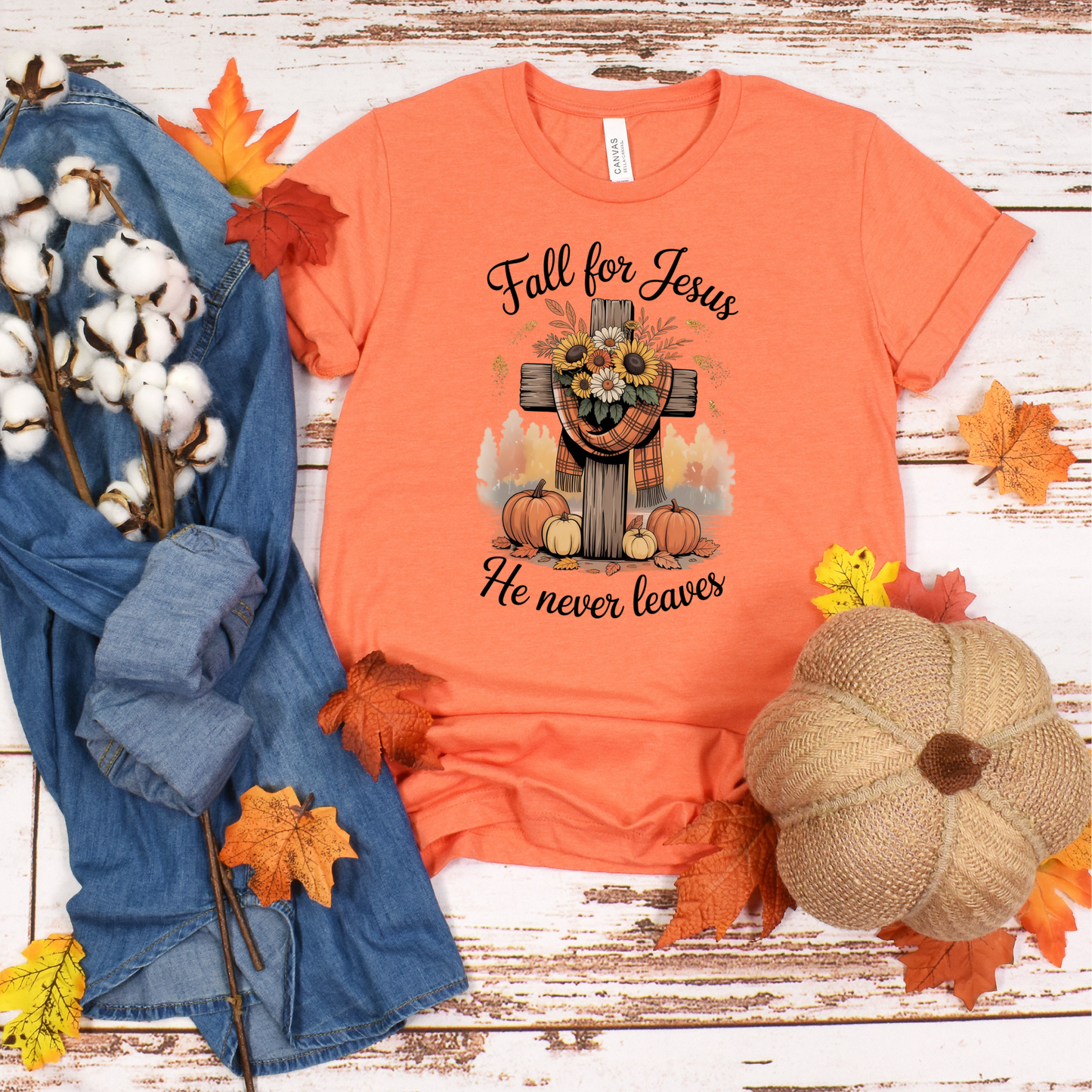 Christian Fall Unisex T-Shirt - 'Fall for Jesus he never leaves'