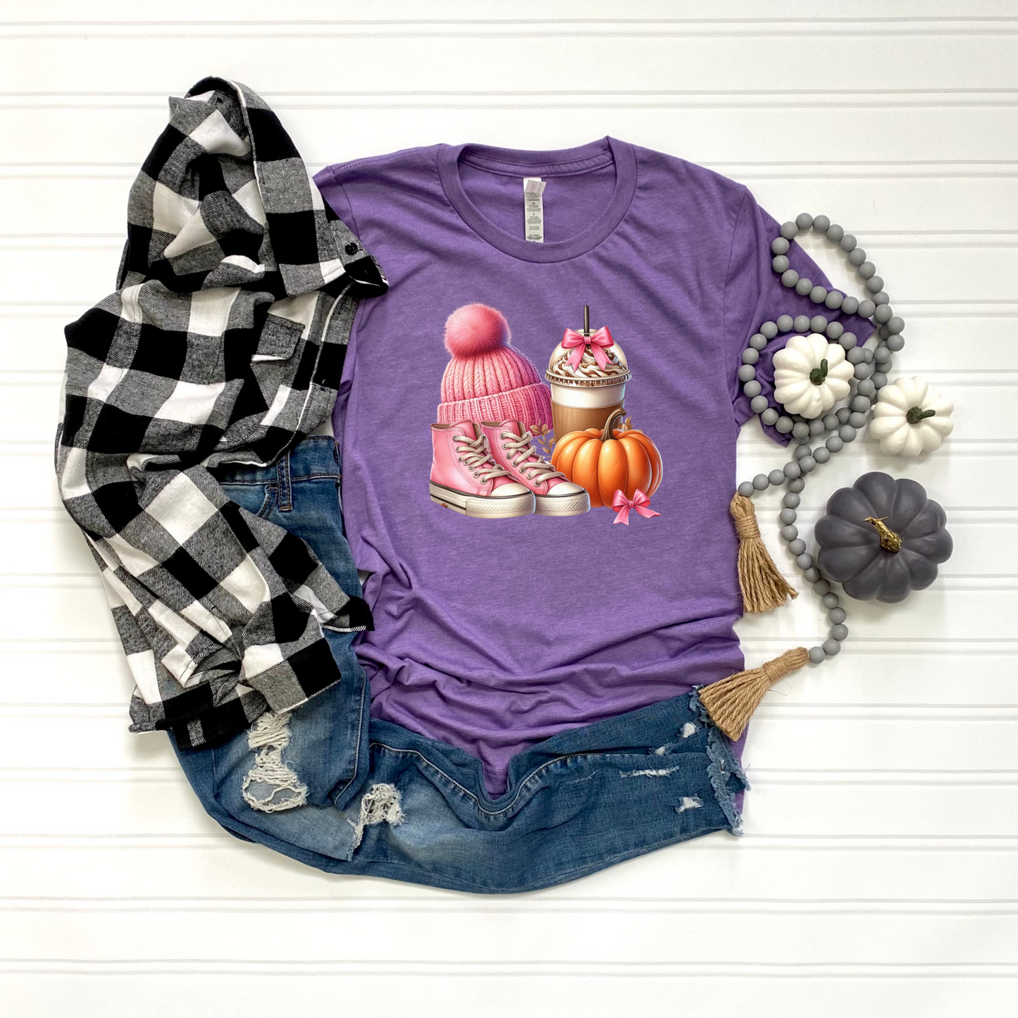 Pink Autumn Unisex T-Shirt - Pink Beanie, Pink Boots, coffee and Pumpkin Design