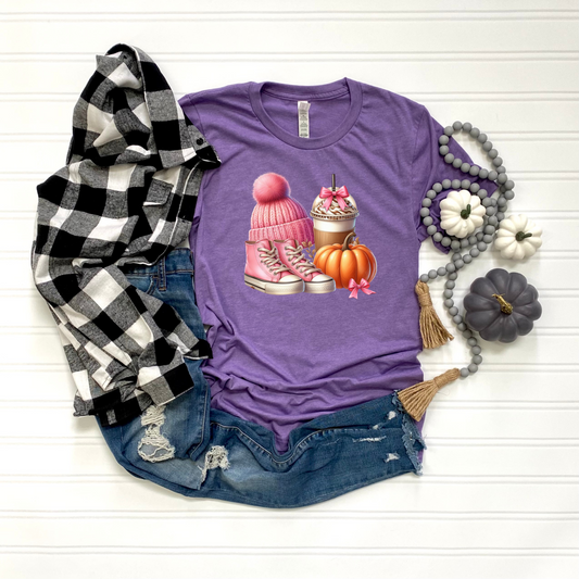 Pink Autumn Unisex T-Shirt - Pink Beanie, Pink Boots, coffee and Pumpkin Design