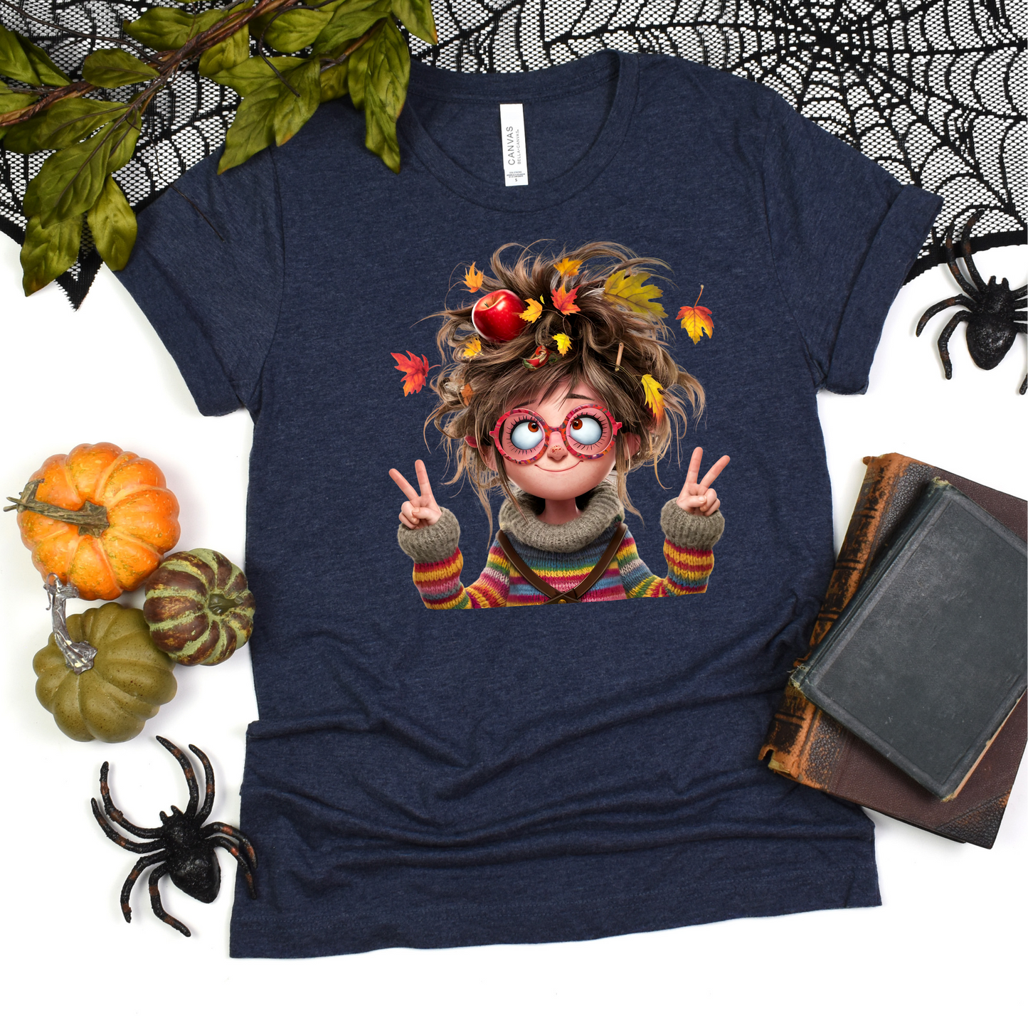 Fall Lady Softstyle T-Shirt with Crazy Hair, Leaves, and Apples