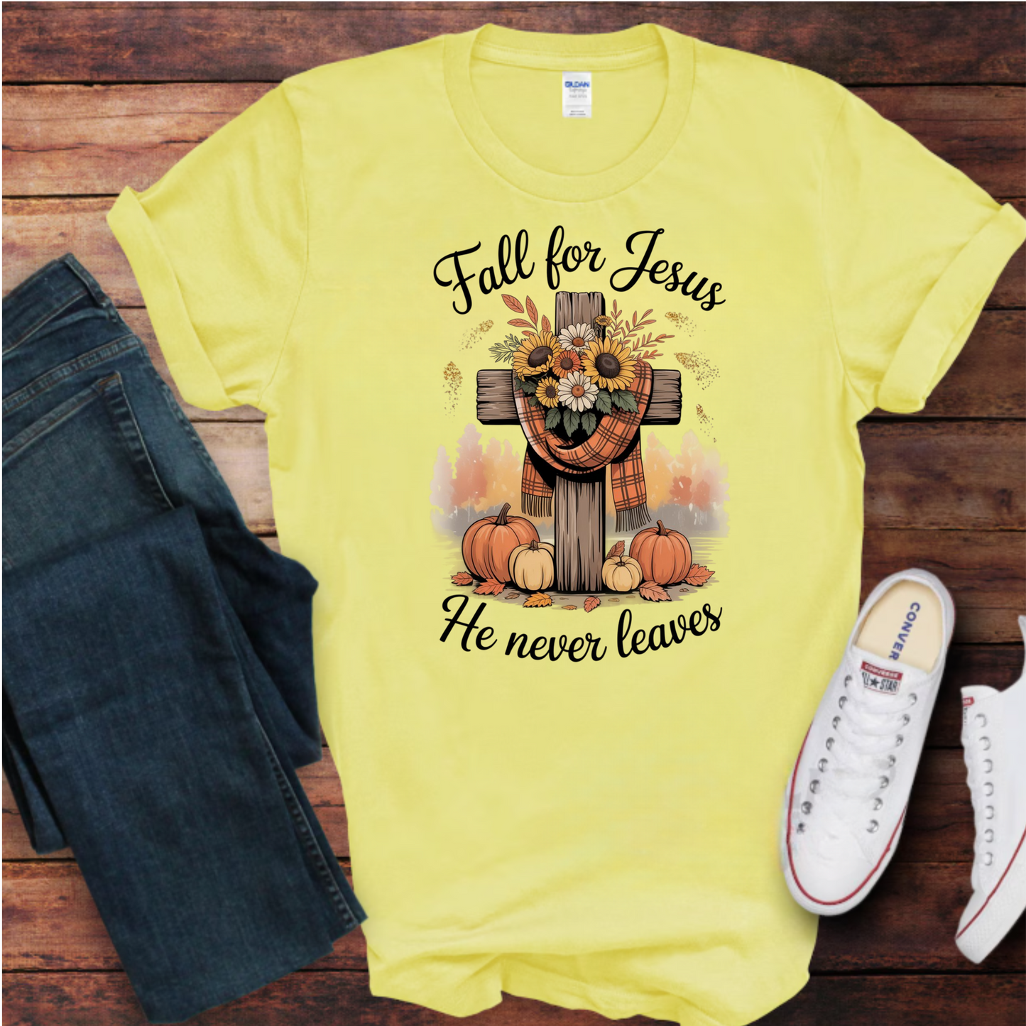 Christian Fall Unisex T-Shirt - 'Fall for Jesus he never leaves'