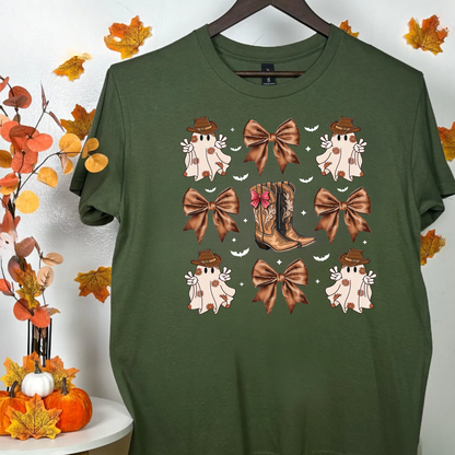 Cowboy Halloween Unisex T-Shirt with Coquette Bows and Cowboy Boots